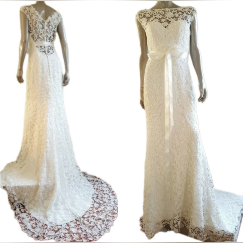 $2500 NEW ROSA CLARA STUNNING NATURAL BEAD GUIPURE WEDDING GOWN DRESS US 10